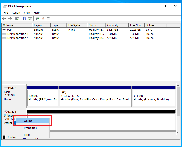 Activate Disk 1 in Disk Management